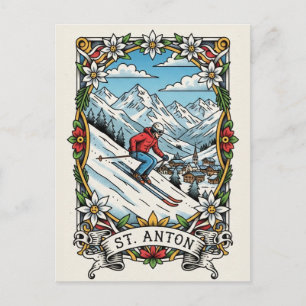 Postal Esquiador de St. Anton Austria Esquiando