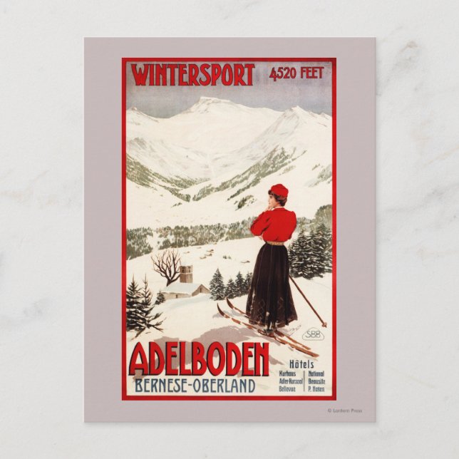 Postal Esquiadora mujer con vistas al Poster de Adelboden (Anverso)