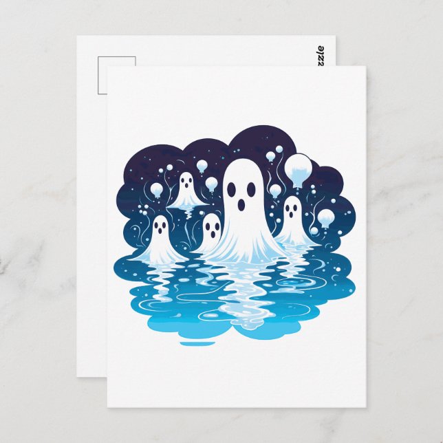 Postal Esquiadores de hojas enfrentados para Halloween (Anverso / Reverso)