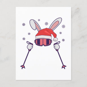 Postal Esquiando Santa Rabbit con Santa Hat y los postes 