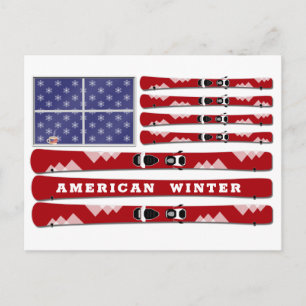 Postal Esquíes y copos de nieve Bandera de Estados Unidos