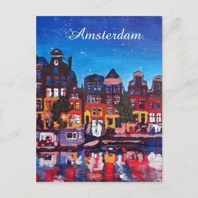 Postal Esquina De Amsterdam Con Canal De Noche (Anverso)