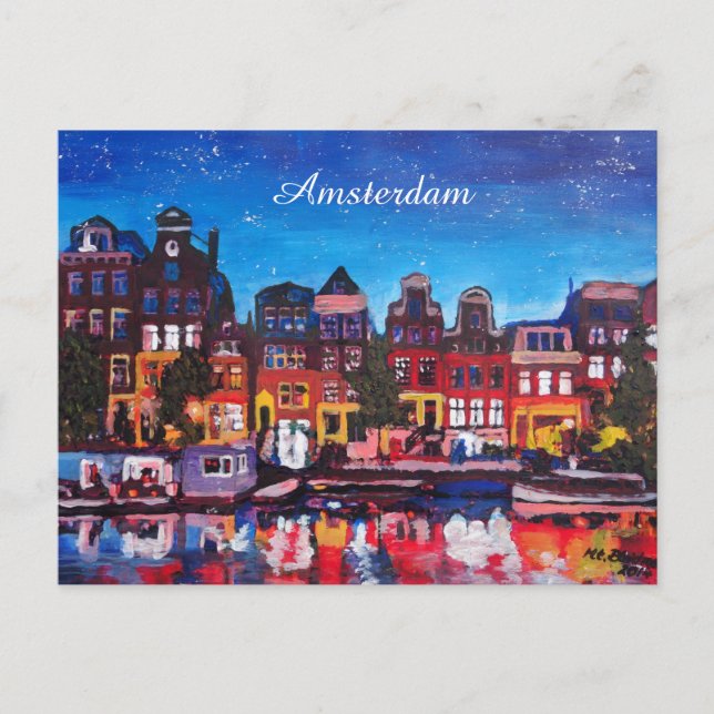 Postal Esquina De Amsterdam Con Canal De Noche (Anverso)
