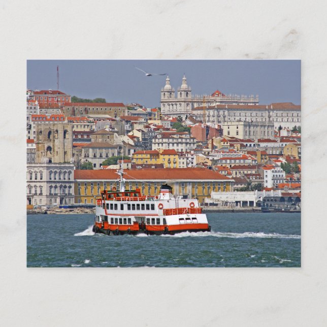 Postal Esquina de Lisboa con el antiguo ferry en el río T (Anverso)