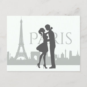 Postal Esquina de París Torre Eiffel Pareja Amor Gris, Bl
