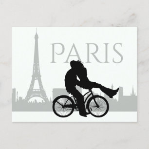 Postal Esquina de París Torre Eiffel Pareja Amor Gris, Bl