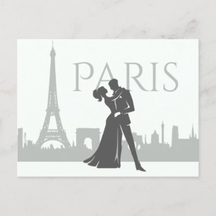 Postal Esquina de París Torre Eiffel Pareja Amor Gris, Bl