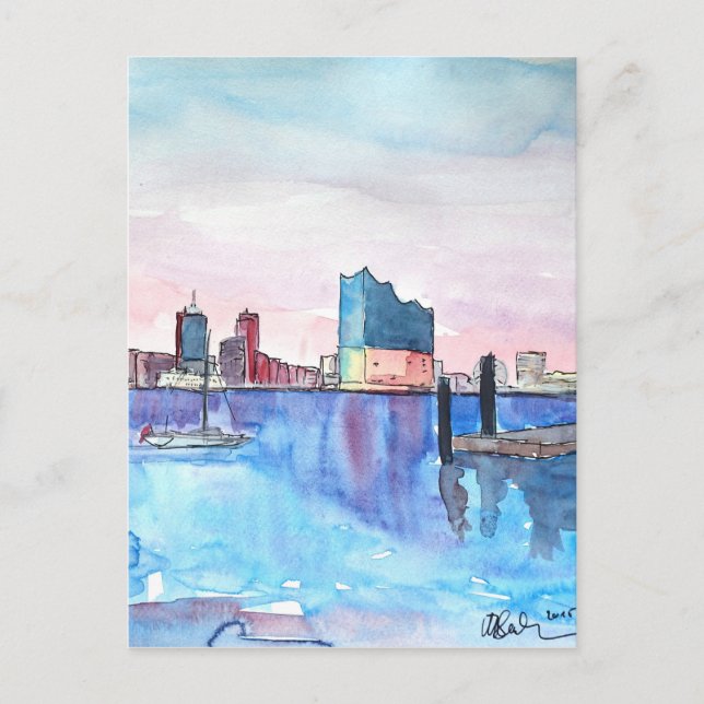 Postal Esquina Del Puerto De Hamburgo Y Salón Filarmónico (Anverso)