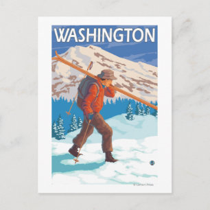Postal Esquís de la nieve del esquiador que llevan -
