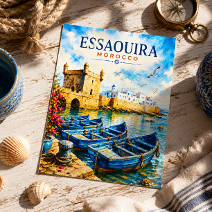 Postal Essaouira Marruecos Acuarela Azul Barcos Viaje