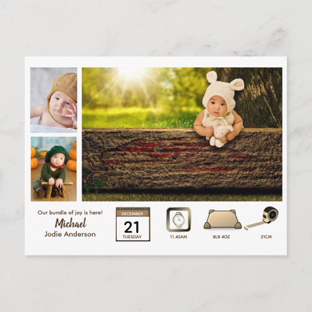 Postal ESTADÍSTICAS DE BEBÉ NIÑO Collage de Fotos Rústico (Anverso)