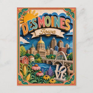 Postal Estados de PopCut Des Moines Iowa Arte de Papel