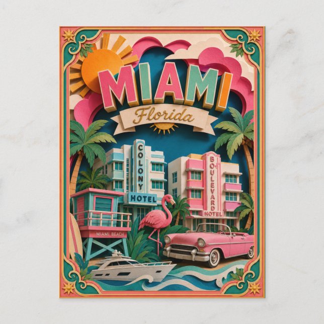 Postal Estados de PopCut Miami Florida Arte de Papel (Anverso)