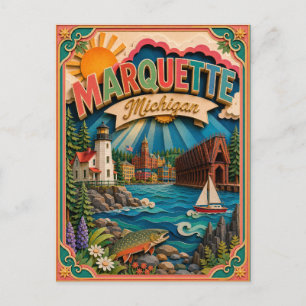 Postal Estados PopCut Marquette Michigan Arte en Papel