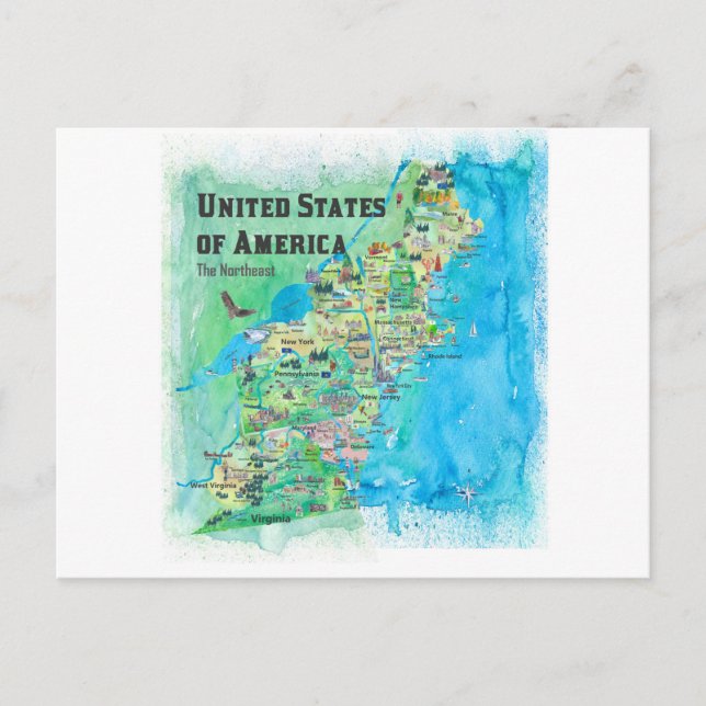 Postal Estados Unidos - Estados del Noreste Mapa Postvard (Anverso)