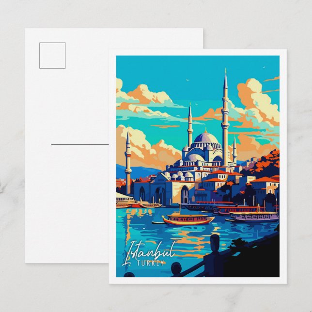 Postal Estambul ilustracion de viajes artísticos vintage (Anverso / Reverso)
