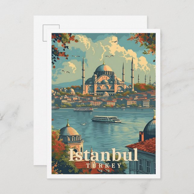 Postal Estambul Turquía Ilustracion de viajes por arte vi (Anverso / Reverso)