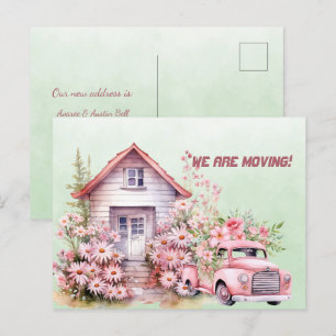 Postal Estamos mudando camiones y casas de época rosadas