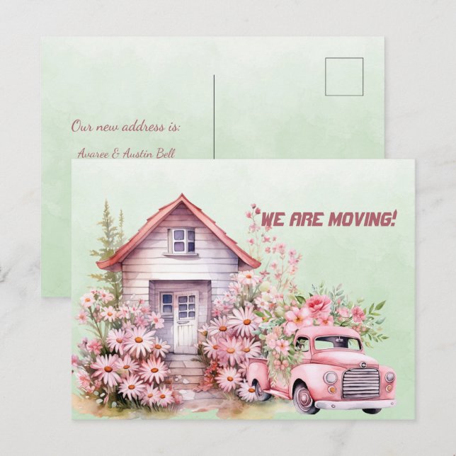 Postal Estamos mudando camiones y casas de época rosadas (Anverso / Reverso)