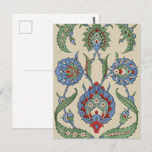 Postal Estampa de arte floral geométrico vintage en azul 
