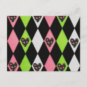 Postal Estampado de Arlequín Colorido con Corazones de Ro