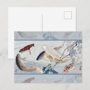 Postal Estampado de Chinoiserie con peces Koi y glicinias