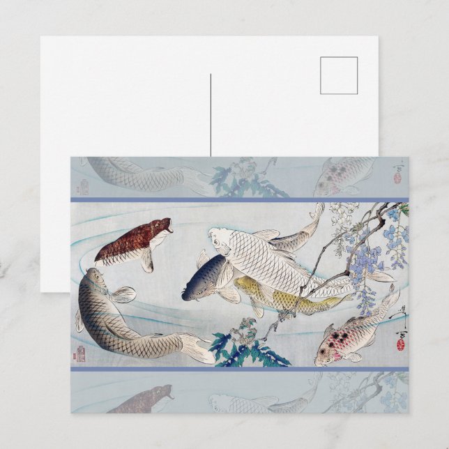 Postal Estampado de Chinoiserie con peces Koi y glicinias (Anverso / Reverso)