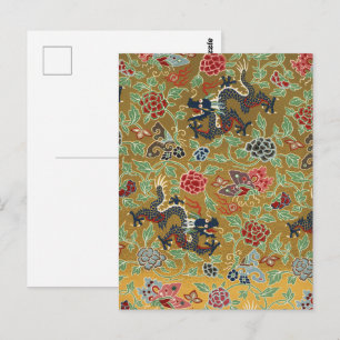 Postal Estampado de dragón dorado y peonía rosa estilo ch