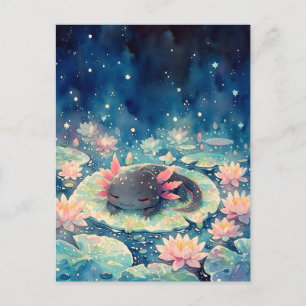 Postal Estanque de Ajolote Kawaii de Medianoche Manchado