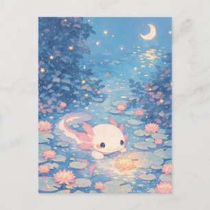 Postal Estanque de Ajolote Kawaii Pastel Iluminado por la