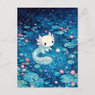 Postal Estanque de Ajolote Kawaii Resplandor Indigo Noctu