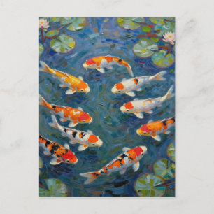 Postal Estanque impresionista de nenúfares con peces koi
