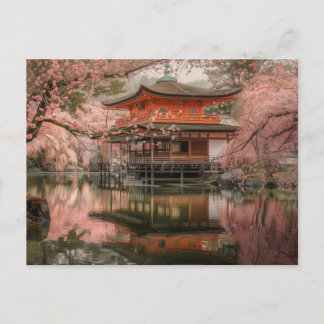Postal estanque japonés y flor de cerezo