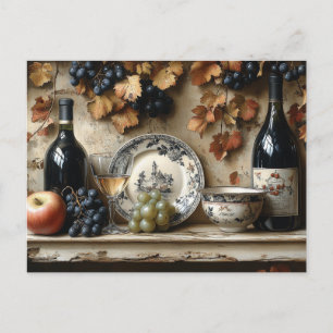 Postal Estante de cocina Botellas de vino Uvas Platos