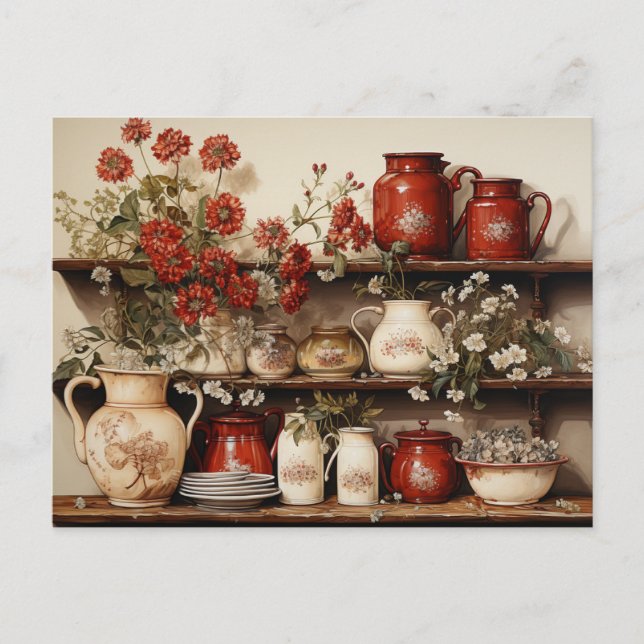 Postal Estante de cocina de madera vieja con flores de ce (Anverso)