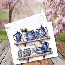 Estante de cocina vintage azul blanco tazas té caf