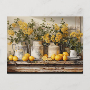 Postal  Estante de cocina vintage limones floreros flores