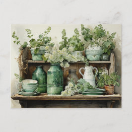 Postal Estante de cocina vintage verde tarros macetas de