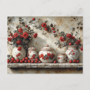 Postal Estante de madera vintage rojo Rosas Fresas