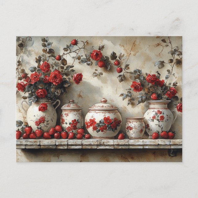 Postal Estante de madera vintage rojo Rosas Fresas (Anverso)