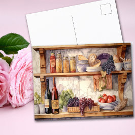 Postal Estantes de cocina vintage de IA con vino y uvas