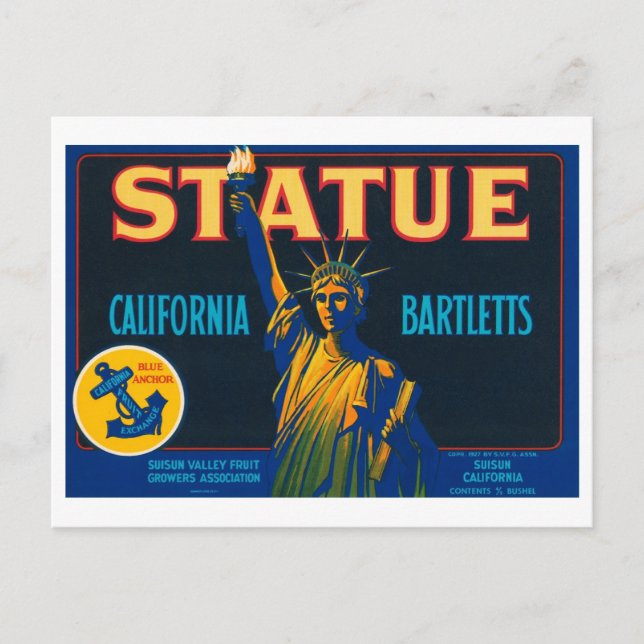 Postal Estatua California Bartletts Vintage Crate Label (Anverso)