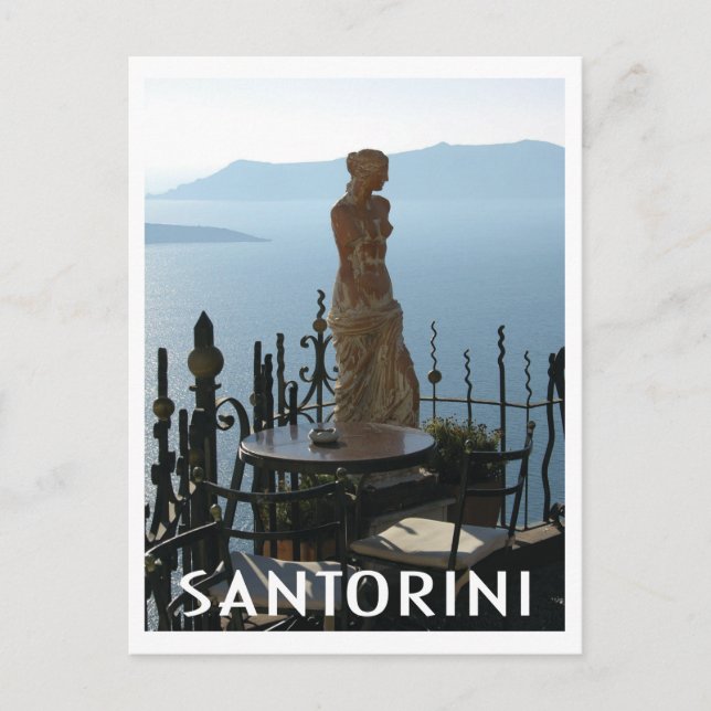 Postal Estatua de diosa en Santorini Grecia en un café (Anverso)
