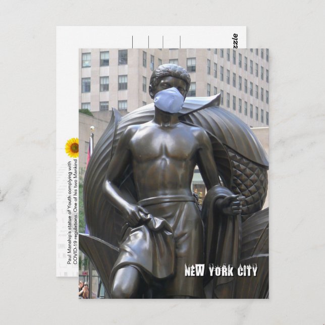 Postal Estatua de la juventud con mascarilla - NYC V post (Anverso / Reverso)