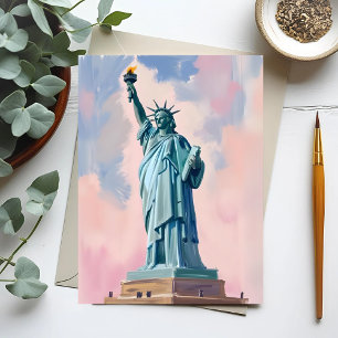 Postal Estatua de la Libertad Atardecer Pastel NYC Acuare