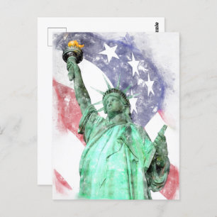 Postal Estatua de la Libertad cerrada con la bandera acua