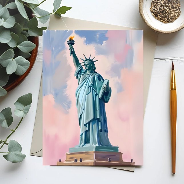 Postal Estatua de la Libertad Pastel Sunset NYC acuarela (Subido por el creador)