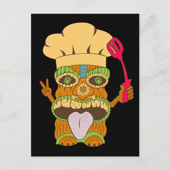 Postal Estatua de Tiki Chef con espátula, negro gracioso (Anverso)