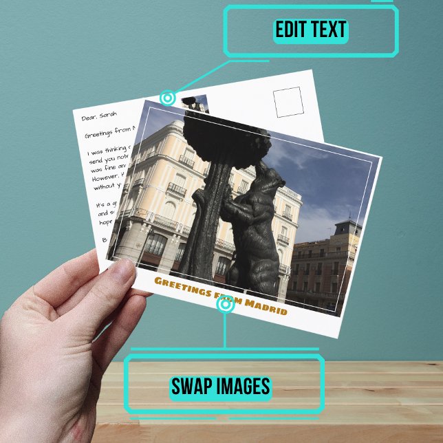 Postal Estatua del Árbol de oso y fresa Madrid España (Share your experiences with these stylish template postcards.)