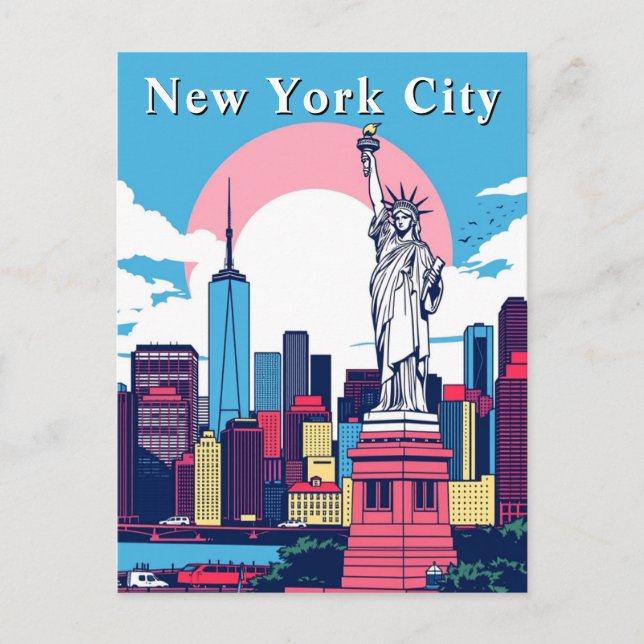 Postal Estatua Retro de Cómic de Arte Pop de Nueva York (Anverso)